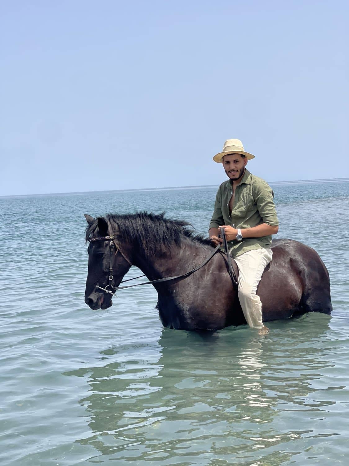 Un cavalier dans la mer, l'eau jusqu'au poitrail du cheval